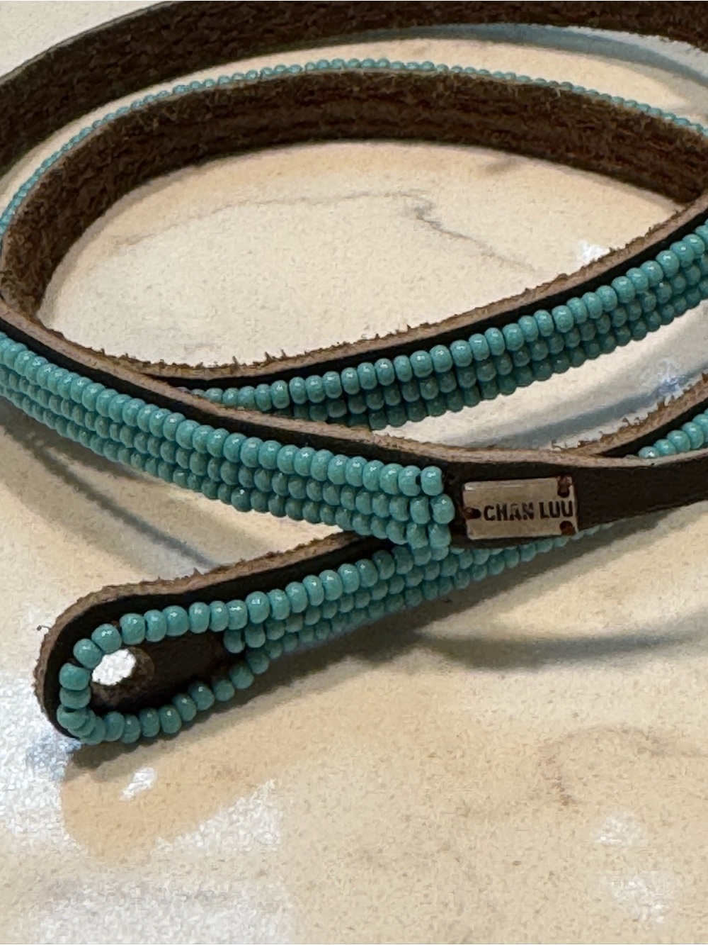 Chan Luu Turquoise Beaded Wrap Bracelet with Brown Leather Trim LIKE NEW